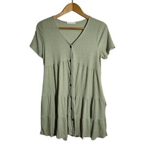 Ces Femme Mint Tiered Swing Dress Pockets Buttons Mini Short Sleeve Poly Blend